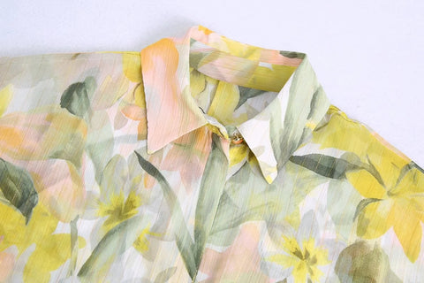 Summer Yellow Print Shirt High Waist Pleated Straight Midi Skirt CODE: KAR1523