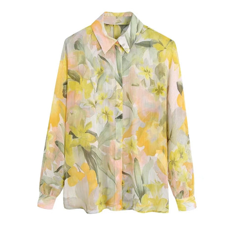 Summer Yellow Print Shirt High Waist Pleated Straight Midi Skirt CODE: KAR1523