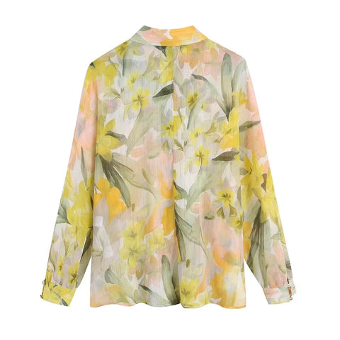 Summer Yellow Print Shirt High Waist Pleated Straight Midi Skirt CODE: KAR1523