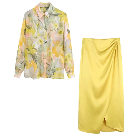 Summer Yellow Print Shirt High Waist Pleated Straight Midi Skirt CODE: KAR1523