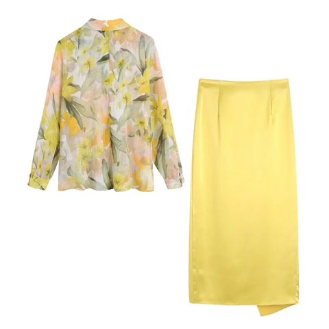 Summer Yellow Print Shirt High Waist Pleated Straight Midi Skirt CODE: KAR1523