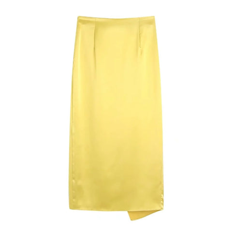 Summer Yellow Print Shirt High Waist Pleated Straight Midi Skirt CODE: KAR1523
