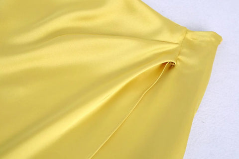 Summer Yellow Print Shirt High Waist Pleated Straight Midi Skirt CODE: KAR1523