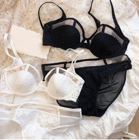 Large Size Sexy Lingerie Half Cup Transparent Mesh Gauze Big Breasts Soft Steel Ring Bras With Panties Set CODE: KAR1550