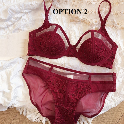 Large Size Sexy Lingerie Half Cup Transparent Mesh Gauze Big Breasts Soft Steel Ring Bras With Panties Set CODE: KAR1550