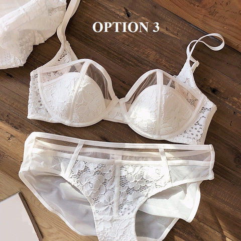 Large Size Sexy Lingerie Half Cup Transparent Mesh Gauze Big Breasts Soft Steel Ring Bras With Panties Set CODE: KAR1550