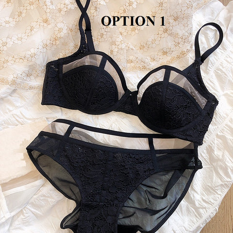 Large Size Sexy Lingerie Half Cup Transparent Mesh Gauze Big Breasts Soft Steel Ring Bras With Panties Set CODE: KAR1550