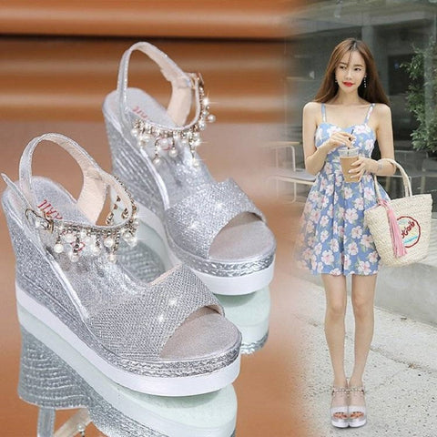 Summer Fashion Open Peep-toe Heel Wedges Pearl Bling Platform Sandals CODE: KAR1554