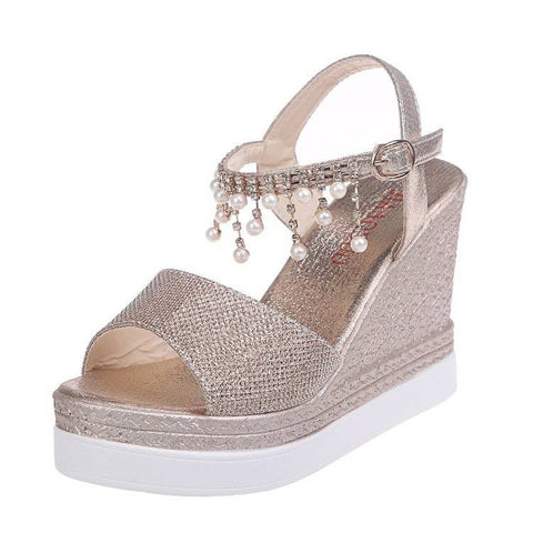 Summer Fashion Open Peep-toe Heel Wedges Pearl Bling Platform Sandals CODE: KAR1554