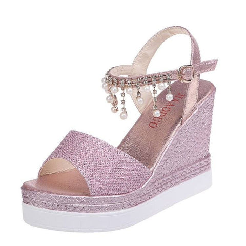 Summer Fashion Open Peep-toe Heel Wedges Pearl Bling Platform Sandals CODE: KAR1554