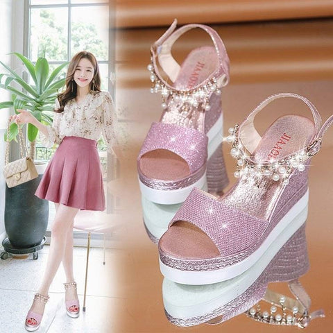 Summer Fashion Open Peep-toe Heel Wedges Pearl Bling Platform Sandals CODE: KAR1554