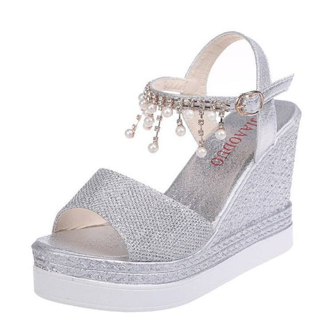 Summer Fashion Open Peep-toe Heel Wedges Pearl Bling Platform Sandals CODE: KAR1554
