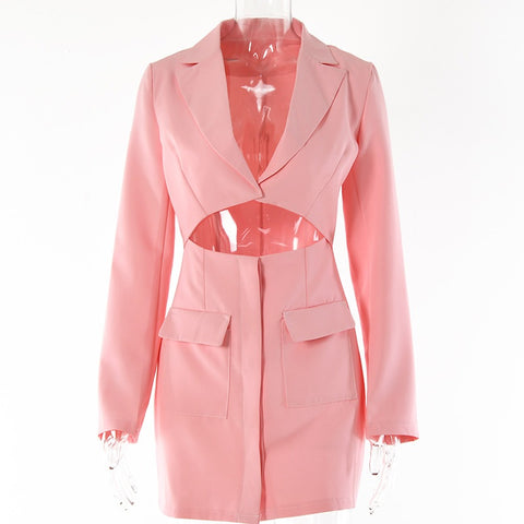 Autumn Fashion Sexy Notched Collar Hollow Out Buttons Long Sleeve Blazer Dress CODE: KAR1559