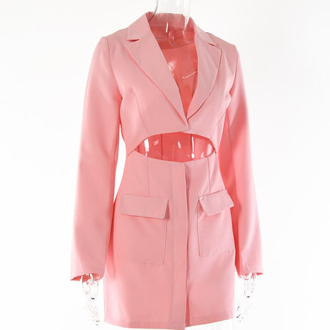 Autumn Fashion Sexy Notched Collar Hollow Out Buttons Long Sleeve Blazer Dress CODE: KAR1559