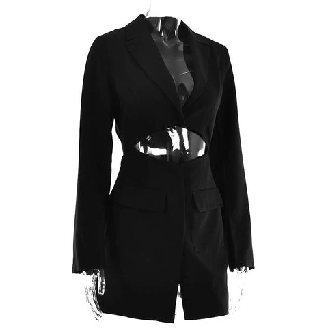 Autumn Fashion Sexy Notched Collar Hollow Out Buttons Long Sleeve Blazer Dress CODE: KAR1559