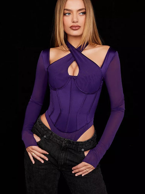 New Slim Long Sleeve High Waist Sexy Bodycon Hollow Out Cross Collar Top CODE: KAR1562