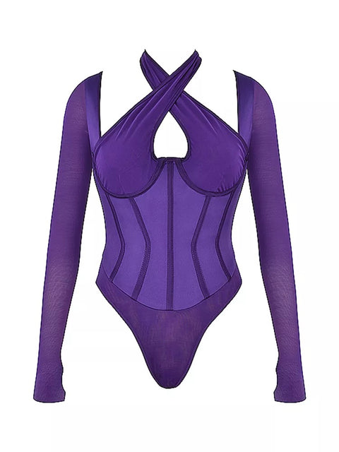 New Slim Long Sleeve High Waist Sexy Bodycon Hollow Out Cross Collar Top CODE: KAR1562