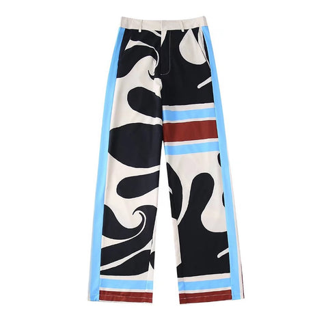 New Casual Long Sleeve Slit Bow V Neck Printed Draped Shirt High Waist Loose Wide Tube Pants Two Piece Set CODE: KAR1570
