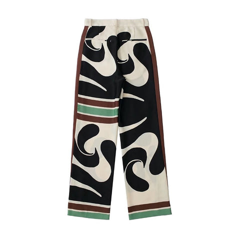 New Casual Long Sleeve Slit Bow V Neck Printed Draped Shirt High Waist Loose Wide Tube Pants Two Piece Set CODE: KAR1570