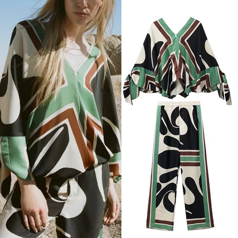New Casual Long Sleeve Slit Bow V Neck Printed Draped Shirt High Waist Loose Wide Tube Pants Two Piece Set CODE: KAR1570