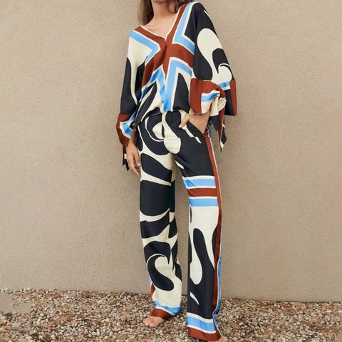 New Casual Long Sleeve Slit Bow V Neck Printed Draped Shirt High Waist Loose Wide Tube Pants Two Piece Set CODE: KAR1570