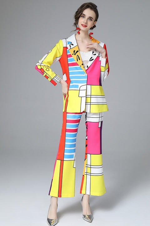 New Fashion Print Work Single-breasted Jacket + Wide leg Pants Two Piece Set CODE: KAR1591