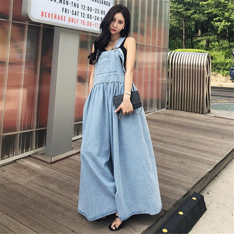 Denim Suspender High Waist Long Length Loose Casual A-line Dress CODE: KAR1608