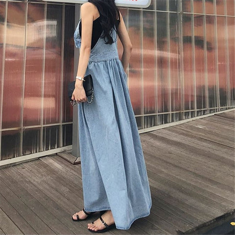 Denim Suspender High Waist Long Length Loose Casual A-line Dress CODE: KAR1608