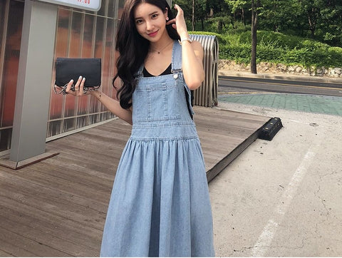 Denim Suspender High Waist Long Length Loose Casual A-line Dress CODE: KAR1608