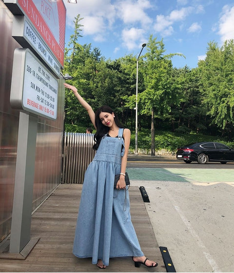 Denim Suspender High Waist Long Length Loose Casual A-line Dress CODE: KAR1608