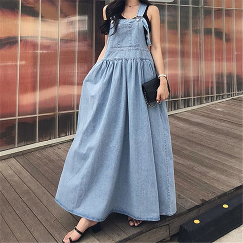 Denim Suspender High Waist Long Length Loose Casual A-line Dress CODE: KAR1608