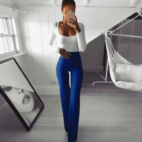 New Solid Color High Waist Stretch Wide Leg Ankle-length Flare Elastic Casual Pant CODE: KAR1620
