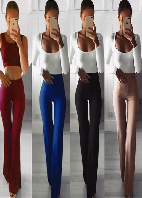 New Solid Color High Waist Stretch Wide Leg Ankle-length Flare Elastic Casual Pant CODE: KAR1620