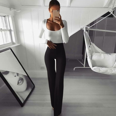 New Solid Color High Waist Stretch Wide Leg Ankle-length Flare Elastic Casual Pant CODE: KAR1620