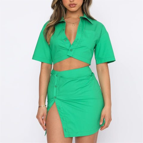 Summer new short sleeved shirt and sexy high waist skirt 2 piece set CODE: KAR1624