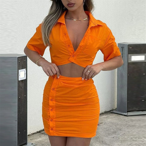 Summer new short sleeved shirt and sexy high waist skirt 2 piece set CODE: KAR1624
