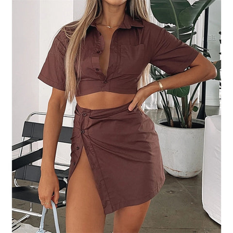 Summer new short sleeved shirt and sexy high waist skirt 2 piece set CODE: KAR1624