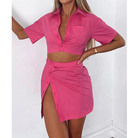 Summer new short sleeved shirt and sexy high waist skirt 2 piece set CODE: KAR1624