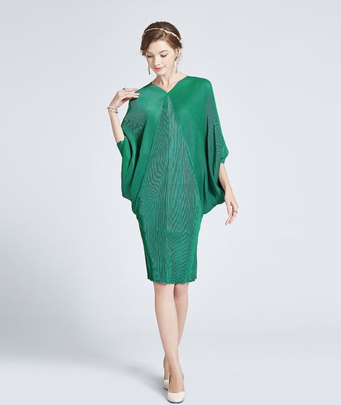 New Elegant Casual V-neck Pleated Fashionable Loose Slim Hem Split Bat Sleeve Bag Hip Mid-length Dress CODE: KAR1637
