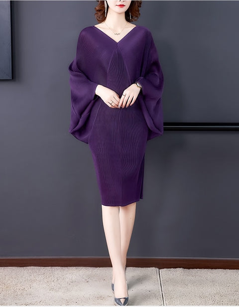New Elegant Casual V-neck Pleated Fashionable Loose Slim Hem Split Bat Sleeve Bag Hip Mid-length Dress CODE: KAR1637