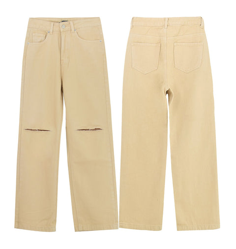 New Khaki Casual Loose Straight Hole High Waisted Denim Pant CODE: KAR1640