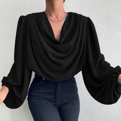 Autumn Fashion Cowl Neck Elegant Casual Solid Color Long Lantern Sleeve Top CODE: KAR1647