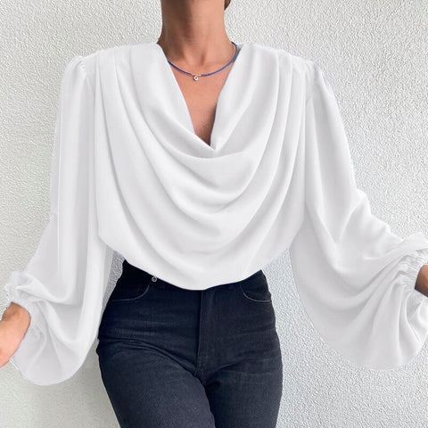 Autumn Fashion Cowl Neck Elegant Casual Solid Color Long Lantern Sleeve Top CODE: KAR1647