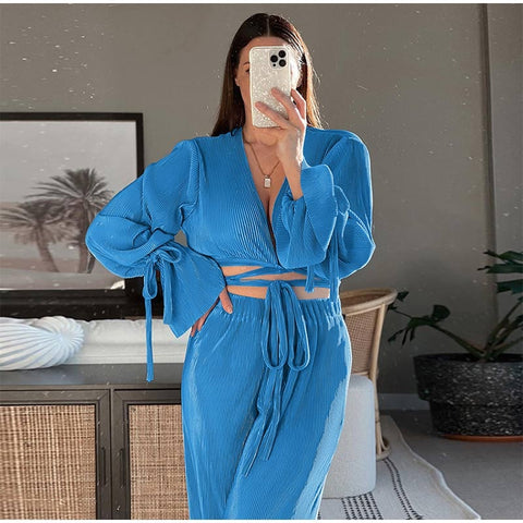 Autumn Casual Lace Up V-neck Flare Sleeve Pleated Short Top Wide Leg Loose Pant 2 Piece Set CODE: KAR1649