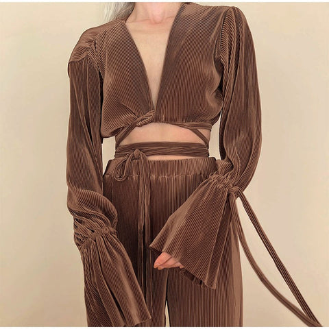 Autumn Casual Lace Up V-neck Flare Sleeve Pleated Short Top Wide Leg Loose Pant 2 Piece Set CODE: KAR1649