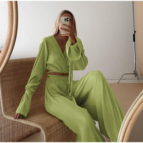 Autumn Casual Lace Up V-neck Flare Sleeve Pleated Short Top Wide Leg Loose Pant 2 Piece Set CODE: KAR1649