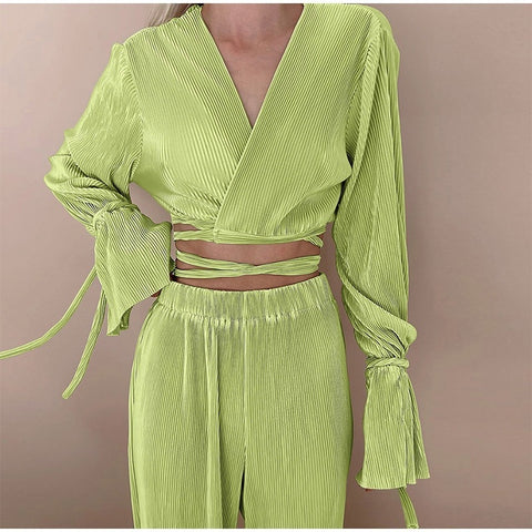 Autumn Casual Lace Up V-neck Flare Sleeve Pleated Short Top Wide Leg Loose Pant 2 Piece Set CODE: KAR1649