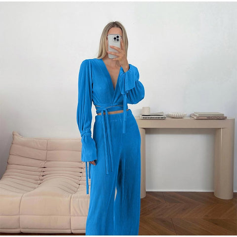 Autumn Casual Lace Up V-neck Flare Sleeve Pleated Short Top Wide Leg Loose Pant 2 Piece Set CODE: KAR1649
