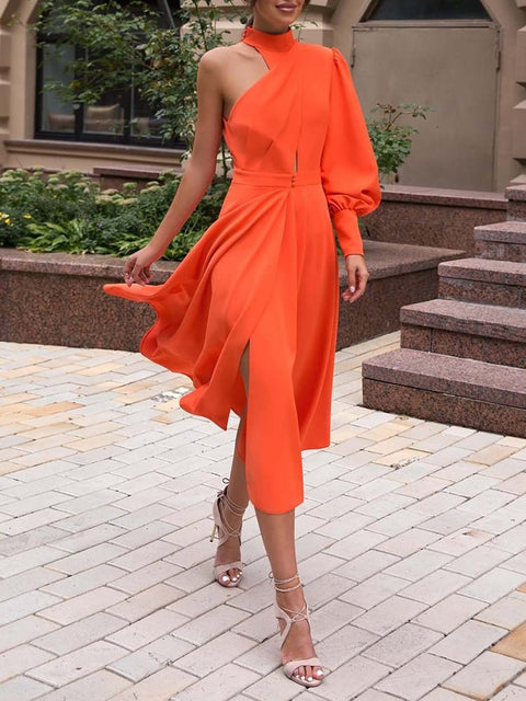 New Casual Solid Halter One Off Shoulder High Waist Midi A Line Irregular Dress CODE: KAR1662