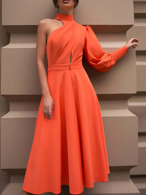 New Casual Solid Halter One Off Shoulder High Waist Midi A Line Irregular Dress CODE: KAR1662